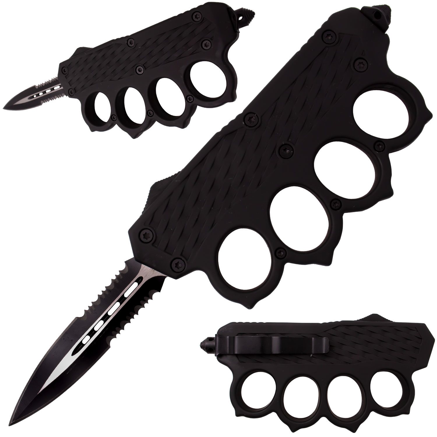 Covert Ops Military Elite Tactical Grip Rubberized OTF Automatic Knuckle Knife Double Serrated Edge Blade