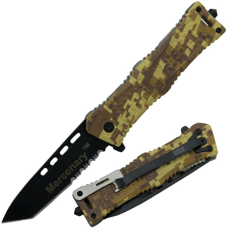 Mercenary 8 Inch Tanto Blade Spring Assisted Knife, Khaki