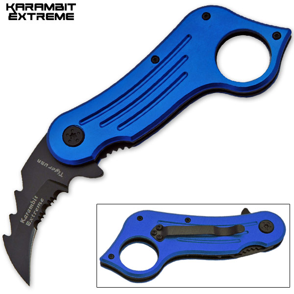 Mini Combat Karambit Spring Assisted Knife, Blue