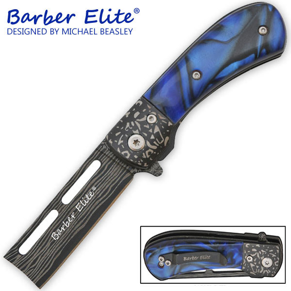 Spring Assisted Barber's Elite Straight Razor, Blue Perlex