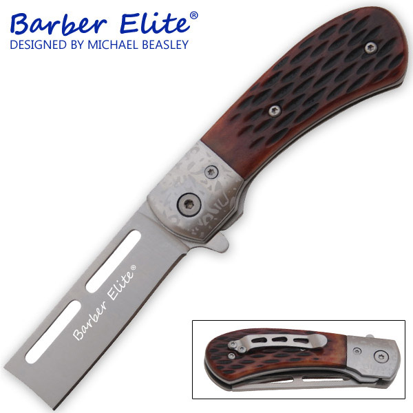 Spring Assisted Barber's Elite Straight Razor, Brown Animal Bone