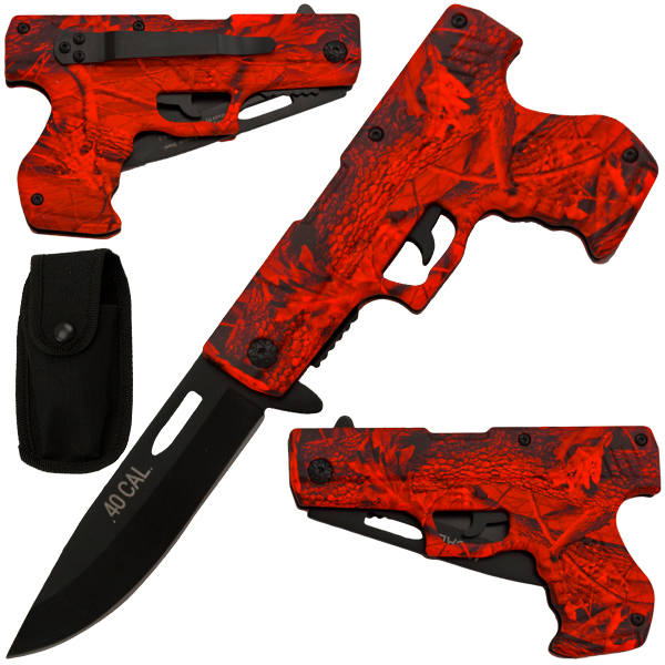 Spring Assisted Gun Pistol Knife, Camo 7