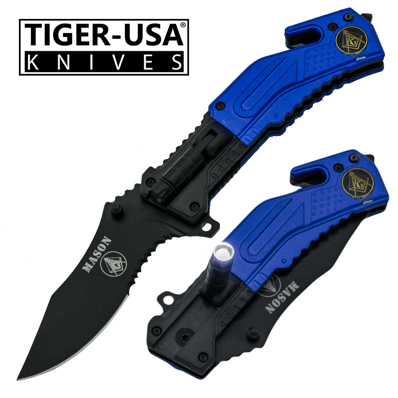 Spring Assisted LED Flash Light Tactical Knife, Blue