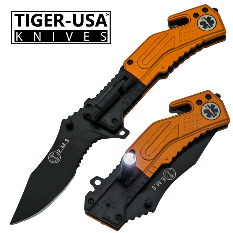 Spring Assisted LED Flash Light Tactical Knife, Orange-EM