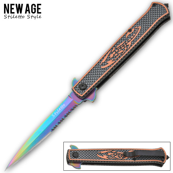 Spring Assisted Stiletto Style Knife - Orange Scorpion